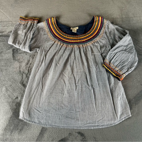 Lucky Brand Striped Peasant Top With Colorful Neck & Cuff Detail Bohemian - Picture 9 of 11